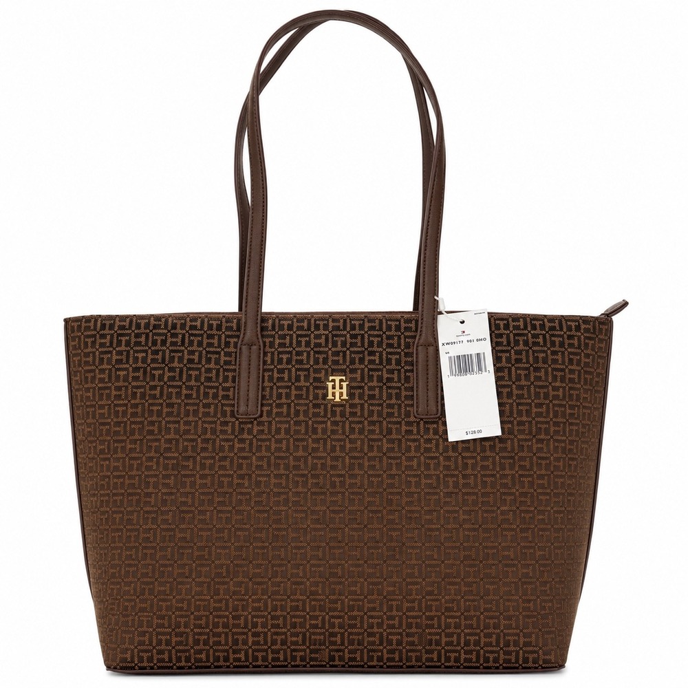 Tommy Hilfiger Women Brown Monogram Jacquard Tote Bag XW09177 901 0HO